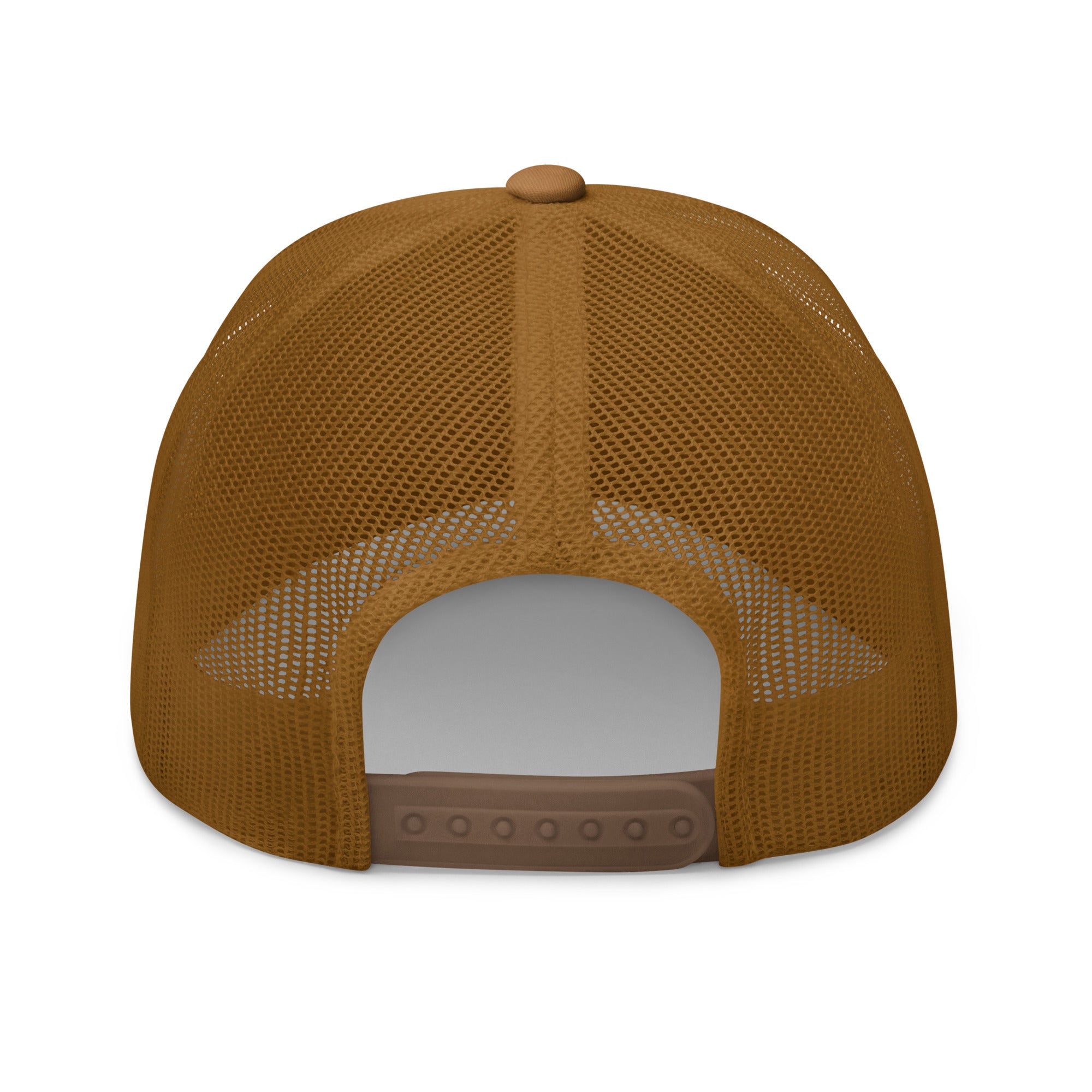 Back view of brown Casting Queens trucker fishing hat featuring breathable mesh design and adjustable snapback closure for outdoor fishing adventures and everyday lake life style.