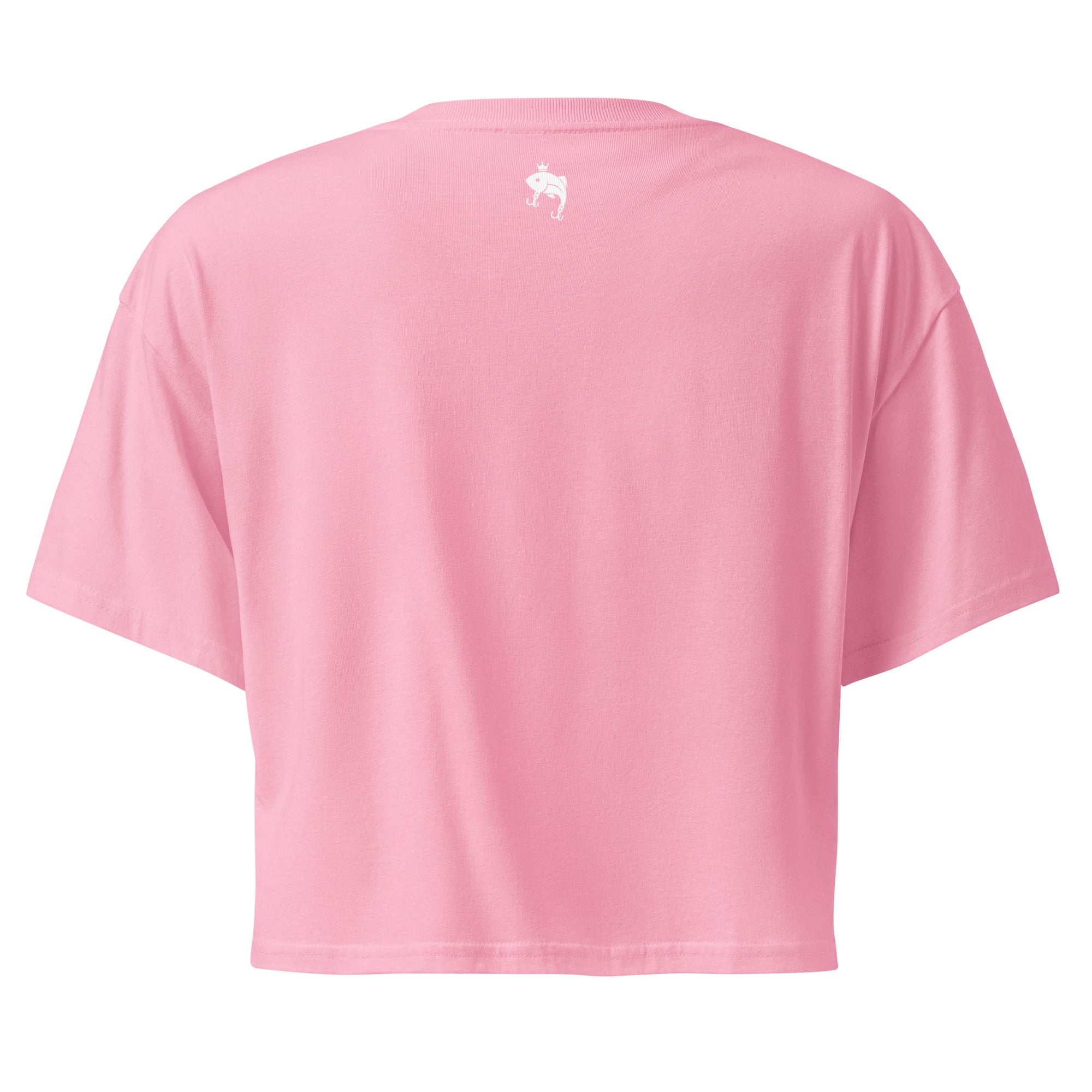 Pink women’s fishing crop top with a plain back and small minimalist Casting Queens logo detail centered below the collar.