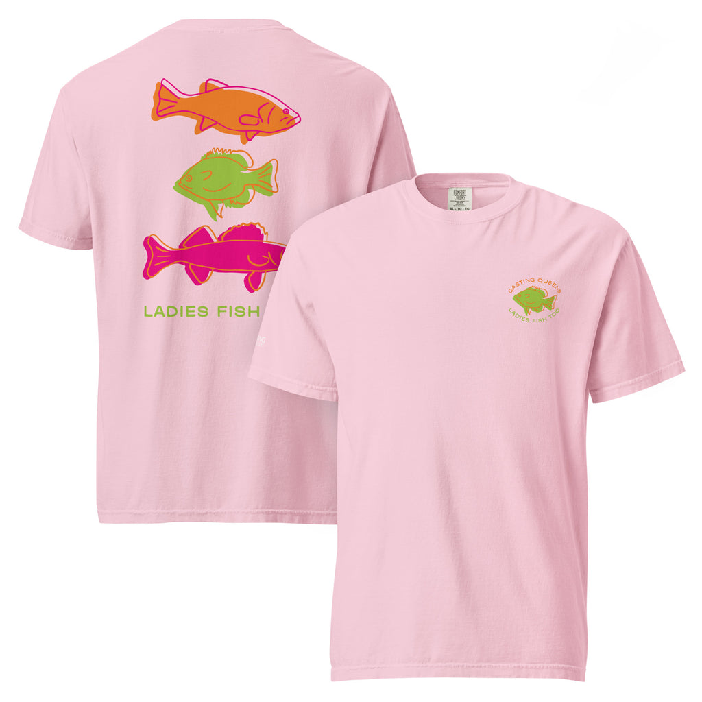Pink Casting Queens women’s fishing t-shirt featuring a small colorful chest logo on the front and bold retro fish graphics with “Ladies Fish” text on the back.