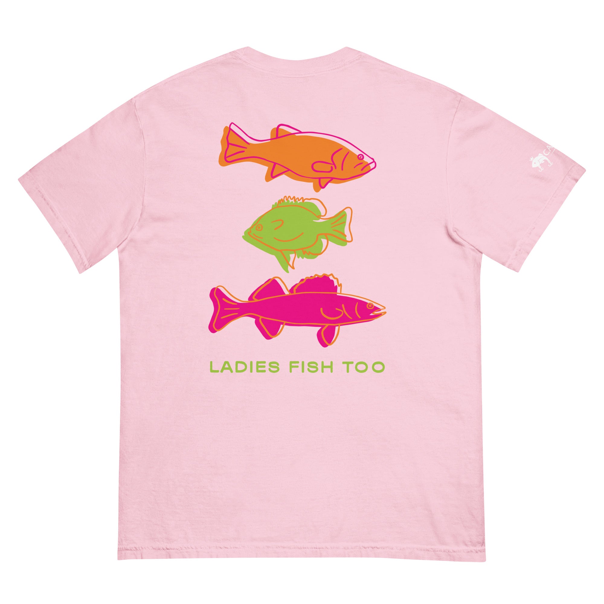 Pink women’s fishing t-shirt featuring large colorful retro fish graphics and “Ladies Fish” text across the back with bright lake life style