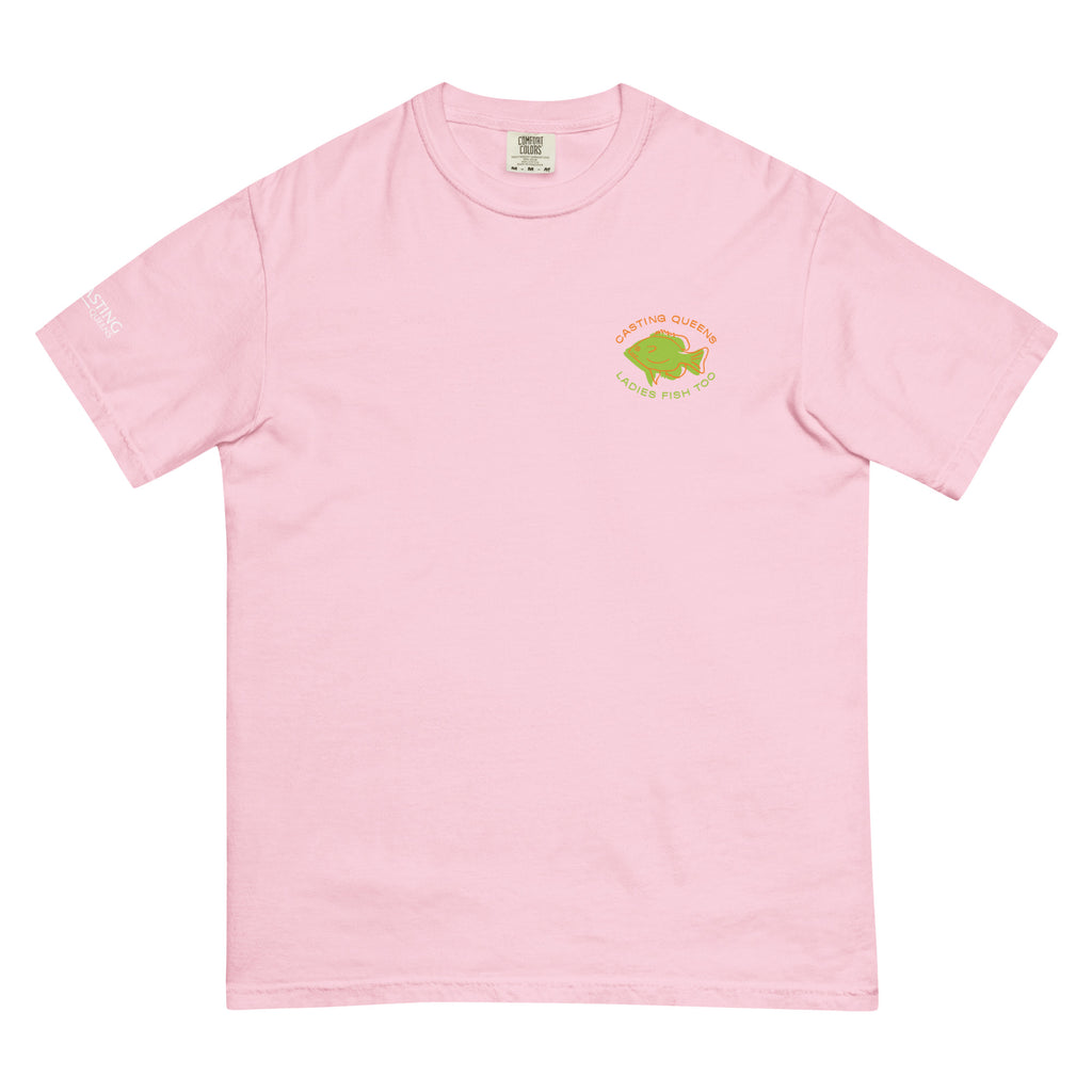 Pink women’s fishing t-shirt with a small colorful Casting Queens Ladies Fish Too fish logo graphic on the front chest.