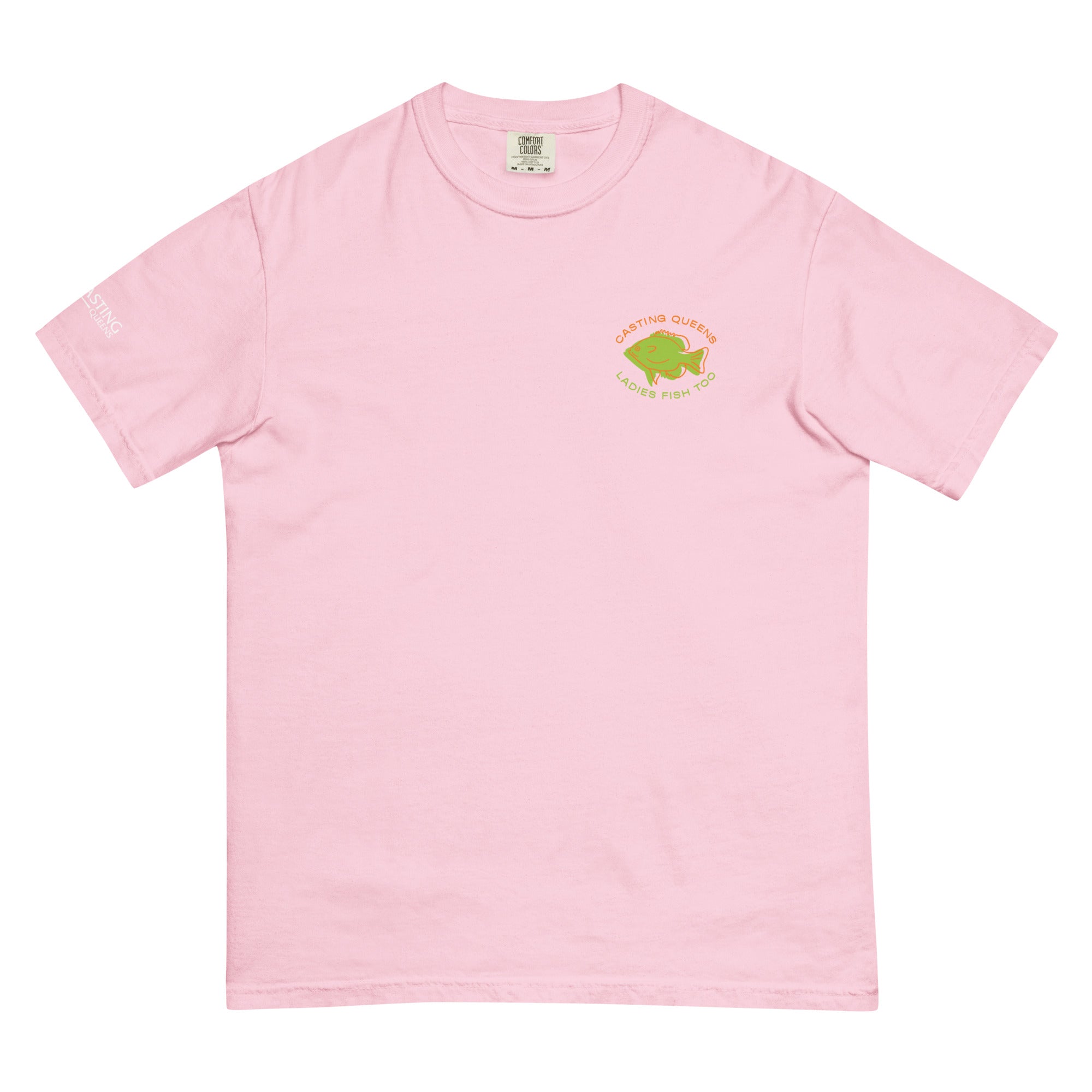 Pink women’s fishing t-shirt with a small colorful Casting Queens Ladies Fish Too fish logo graphic on the front chest.