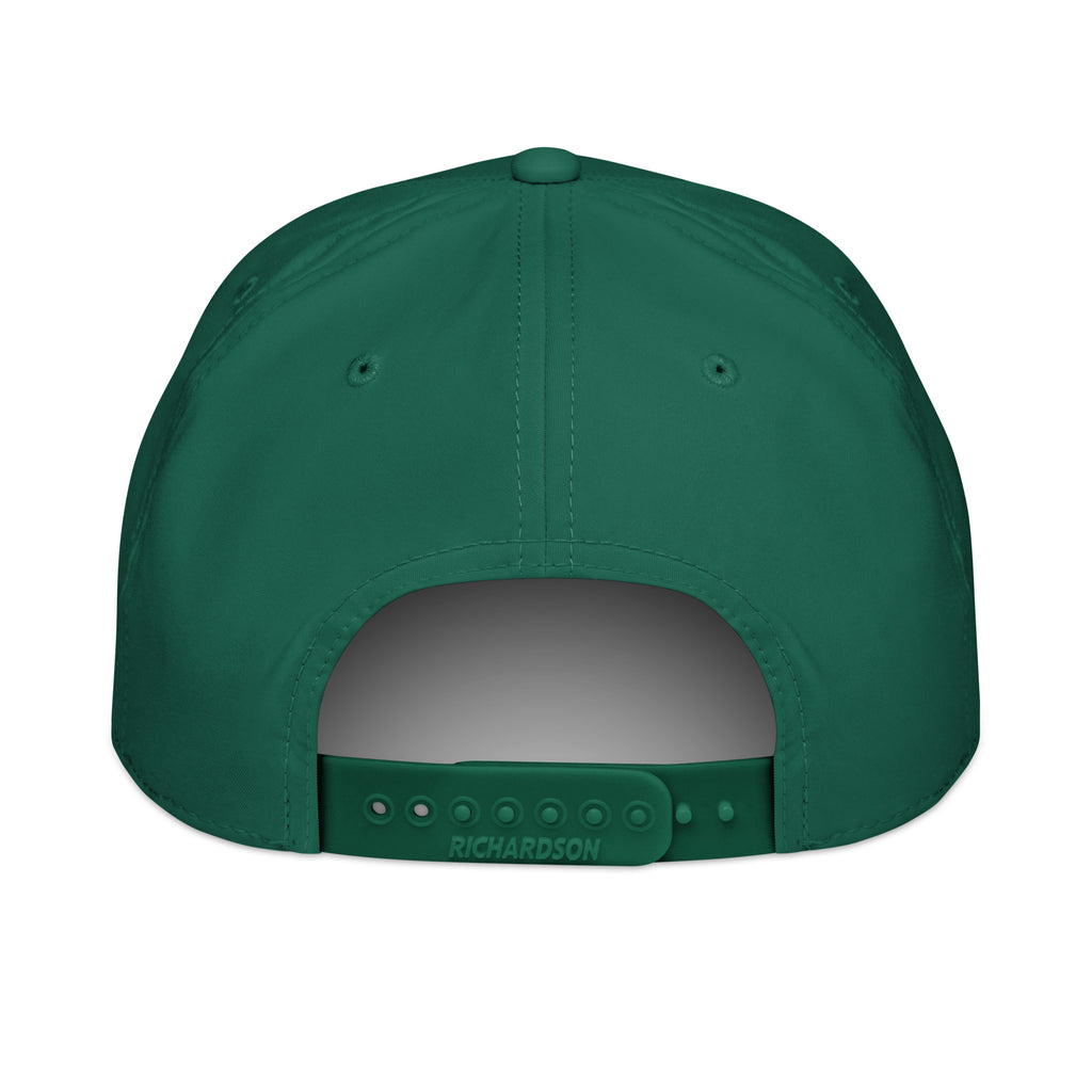 Back view of green Ladies Fish Too fishing hat featuring adjustable snapback closure and stylish outdoor fishing apparel accessory for women anglers and lake life adventures.