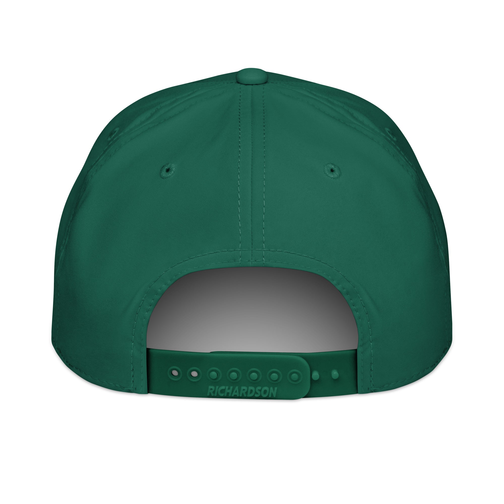 Back view of green Ladies Fish Too fishing hat featuring adjustable snapback closure and stylish outdoor fishing apparel accessory for women anglers and lake life adventures.