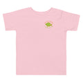 Pink toddler fishing t-shirt featuring a small colorful Casting Queens Ladies Fish Too fish logo graphic on the front chest.