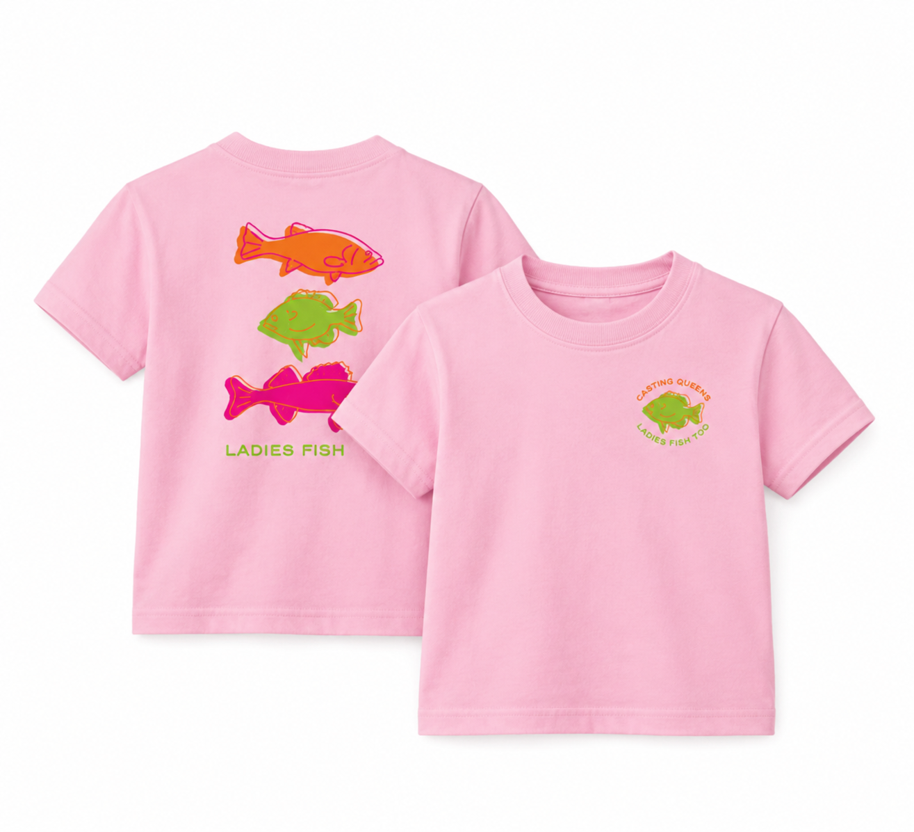 Light pink toddler fishing t-shirt featuring a small colorful Casting Queens Ladies Fish Too chest logo on the front and bold retro fish graphics on the back.