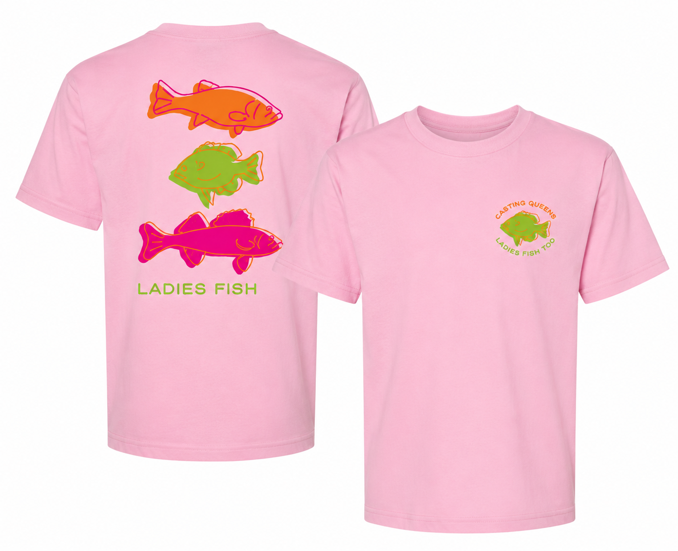 Light pink youth fishing t-shirt featuring a small colorful Casting Queens Ladies Fish Too logo on the front chest and bright retro fish artwork on the back with lake life style.