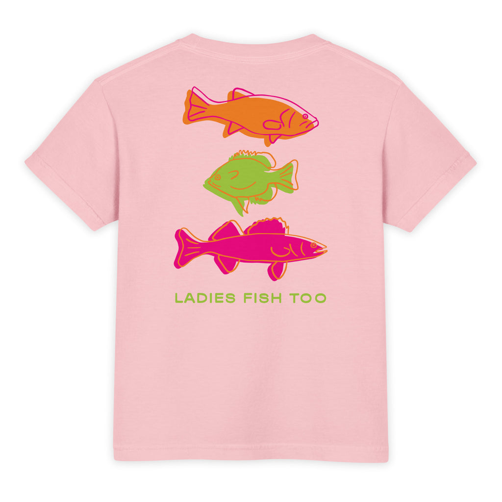 Pink youth fishing t-shirt featuring bold colorful retro fish graphics and “Ladies Fish” text on the back with fun lake life style.