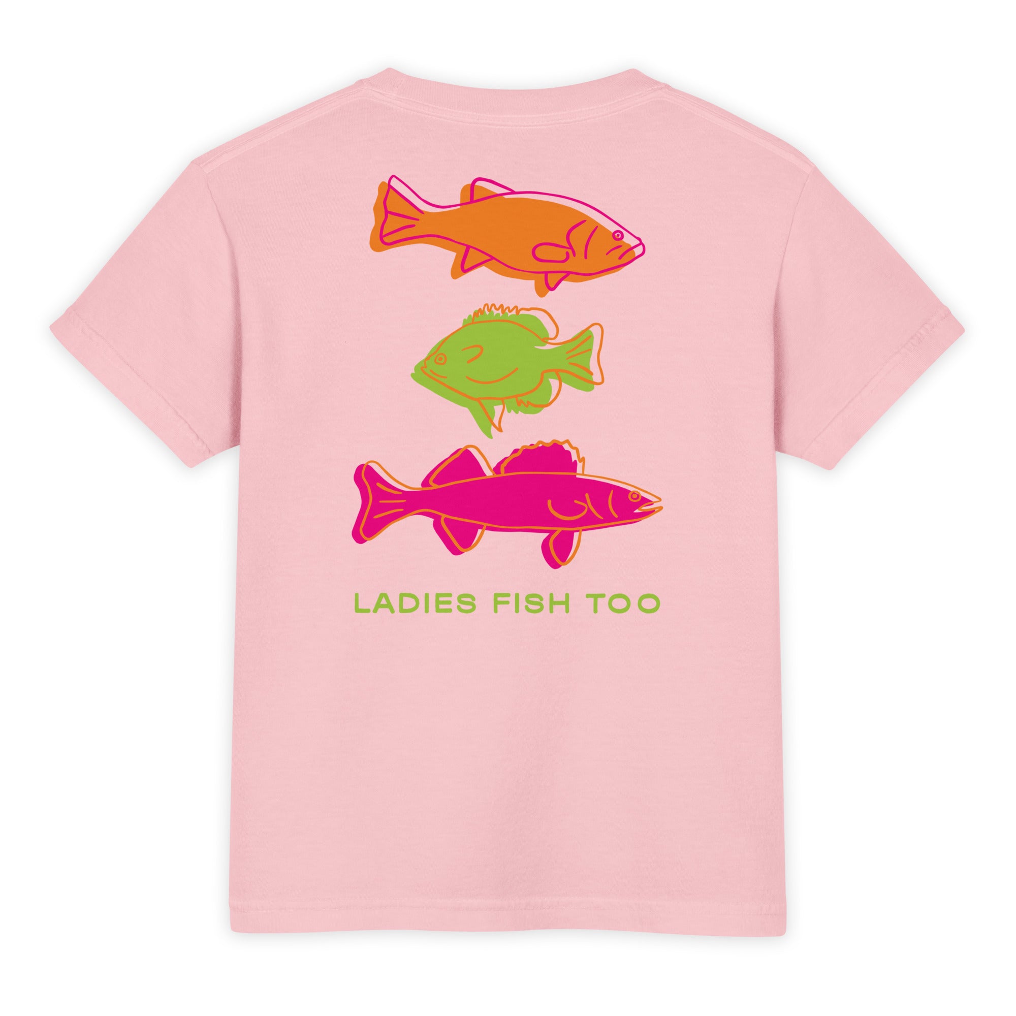 Pink youth fishing t-shirt featuring bold colorful retro fish graphics and “Ladies Fish” text on the back with fun lake life style.