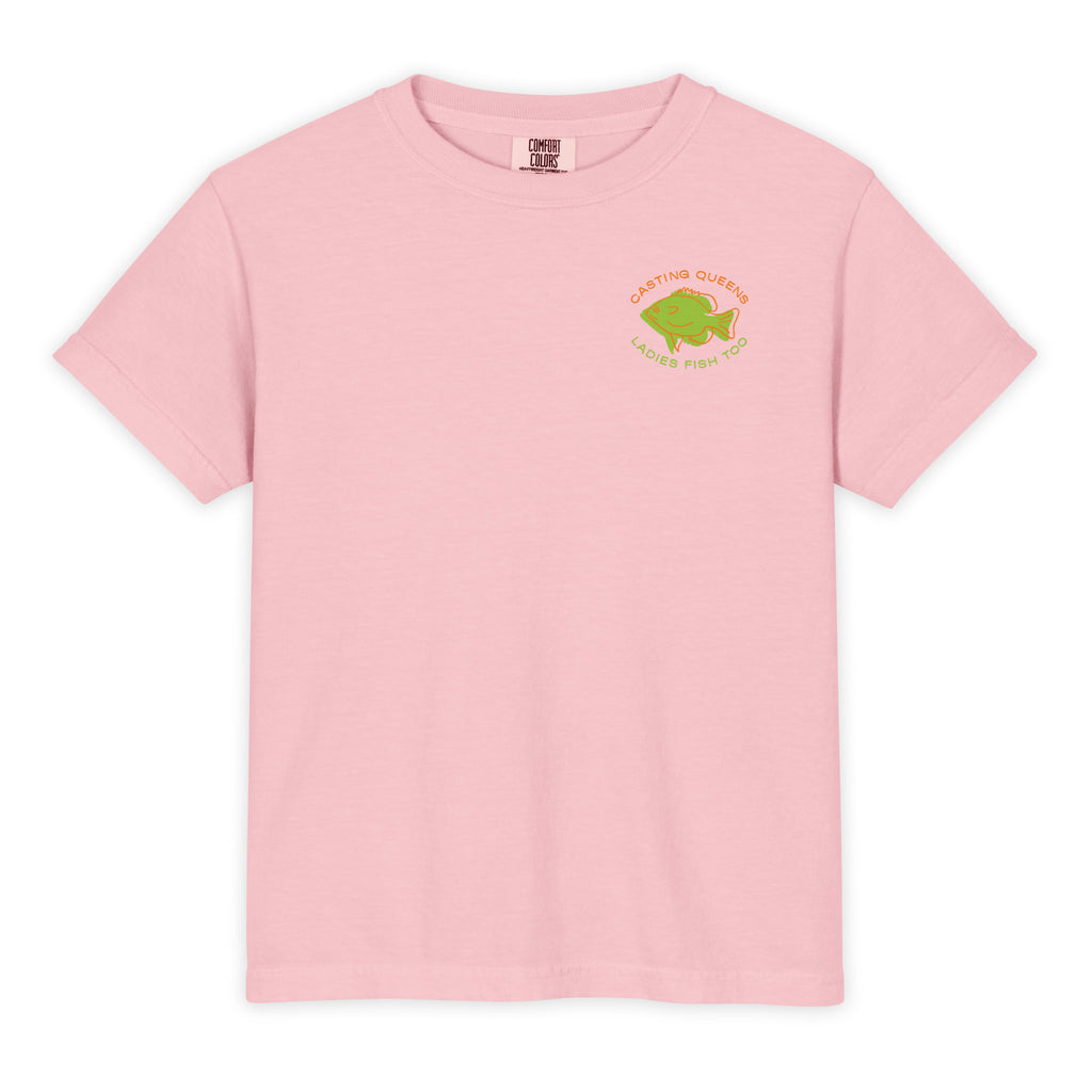 Pink youth fishing t-shirt featuring a small colorful Casting Queens Ladies Fish Too fish logo graphic on the front chest.