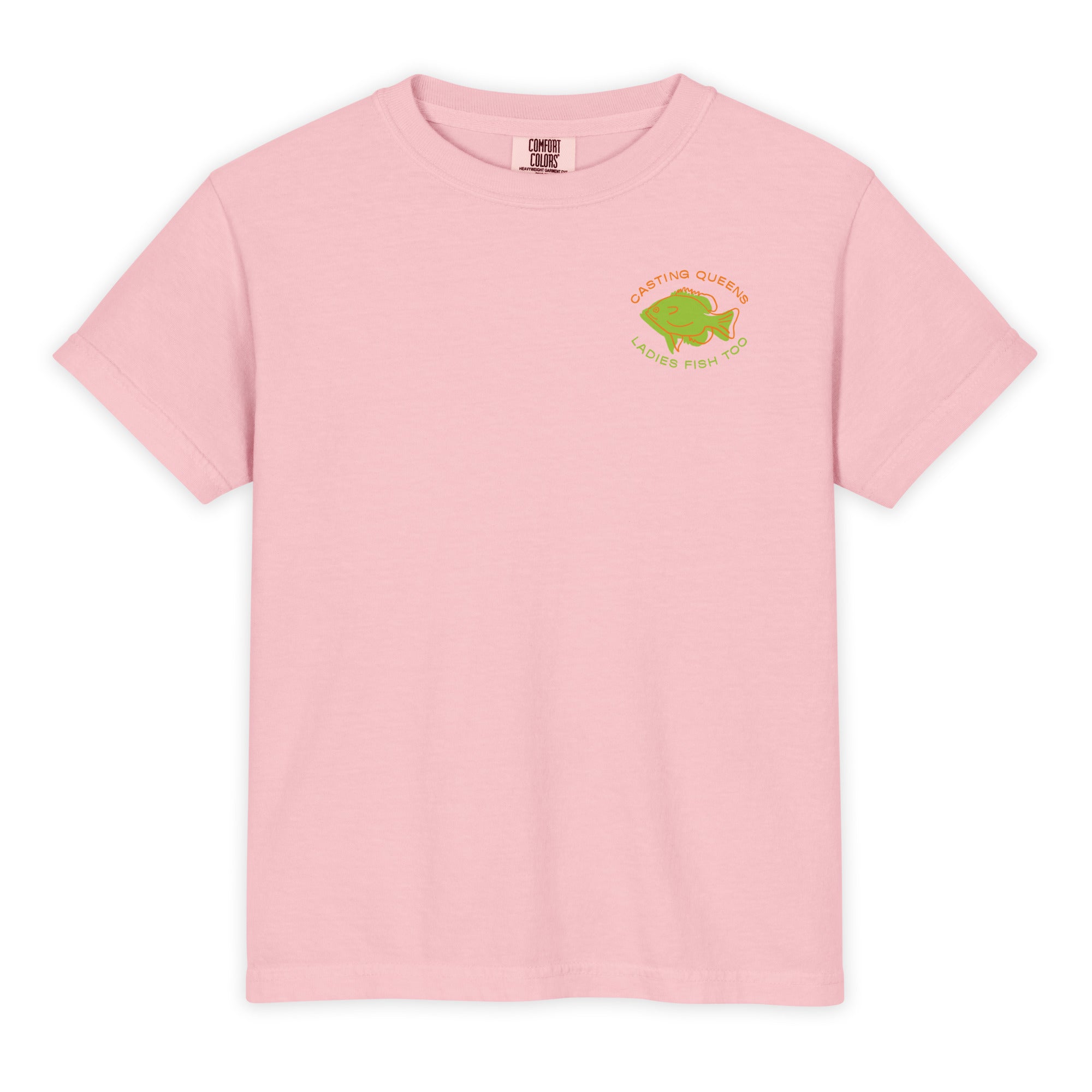 Pink youth fishing t-shirt featuring a small colorful Casting Queens Ladies Fish Too fish logo graphic on the front chest.