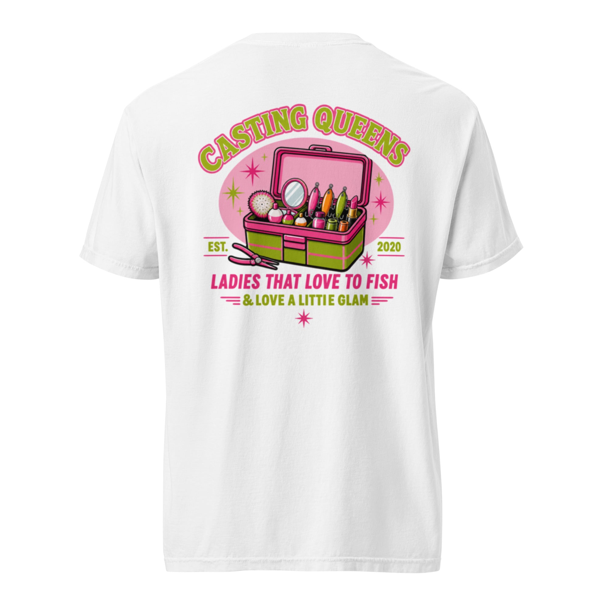 White women’s fishing t-shirt featuring a large colorful tackle-box graphic with fishing gear, makeup items, and “Ladies That Love to Fish & Love a Little Glam” text on the back.