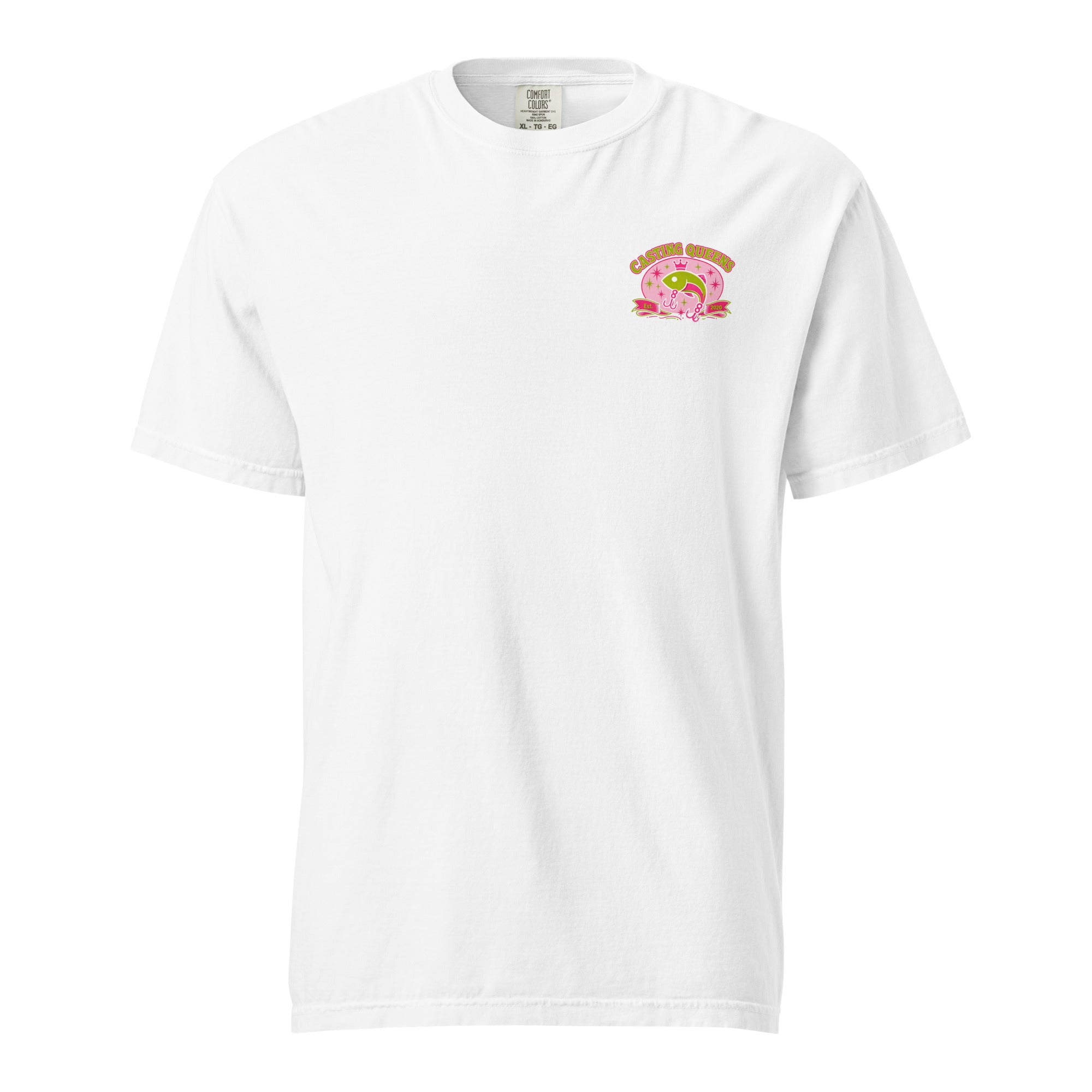 White heavyweight women’s t-shirt with a small colorful Casting Queens fishing and glam logo graphic on the front chest.