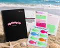 Casting Queens Fishing Log Journal showcasing the cover and interior pages, including fishing logs, trip planners, calendars, tackle guides, weather charts, bucket lists, and personal best catch trackers.