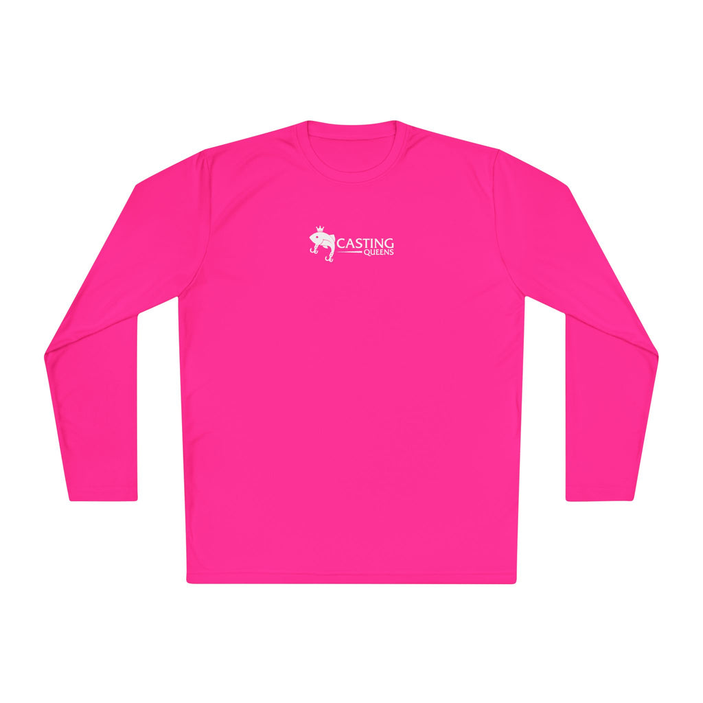 Neon pink women's performance long sleeve fishing shirt by Casting Queens with white logo