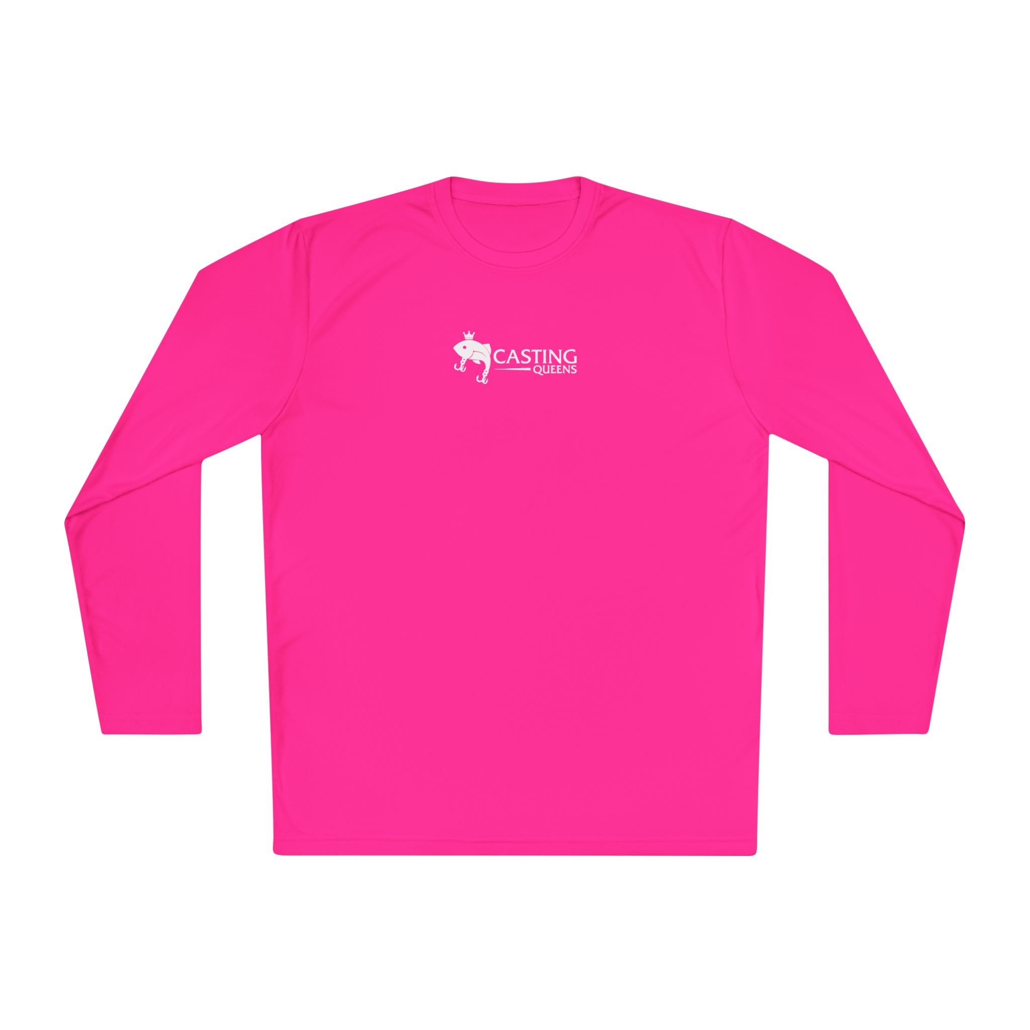 Neon pink women's performance long sleeve fishing shirt by Casting Queens with white logo