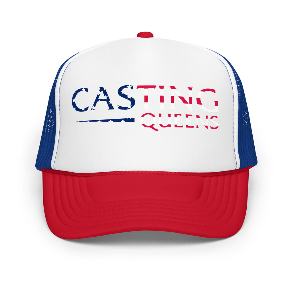 Red white and blue Casting Queens trucker fishing hat featuring patriotic distressed logo design, stylish women’s fishing apparel accessory for boating, lake life, and outdoor adventures.