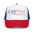 Red white and blue Casting Queens trucker fishing hat featuring patriotic distressed logo design, stylish women’s fishing apparel accessory for boating, lake life, and outdoor adventures.