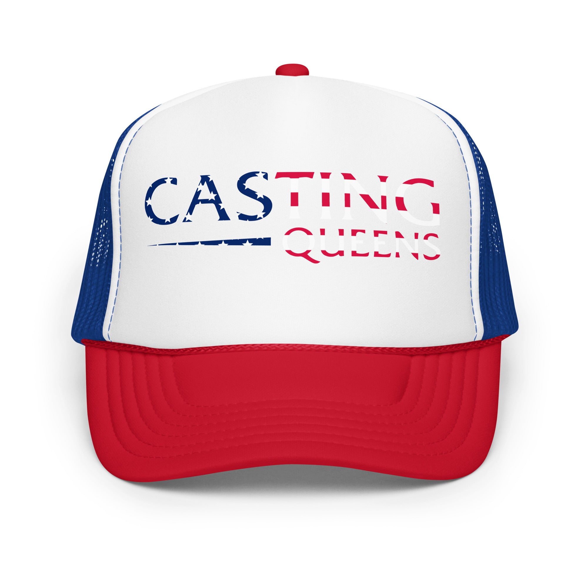 Red white and blue Casting Queens trucker fishing hat featuring patriotic distressed logo design, stylish women’s fishing apparel accessory for boating, lake life, and outdoor adventures.