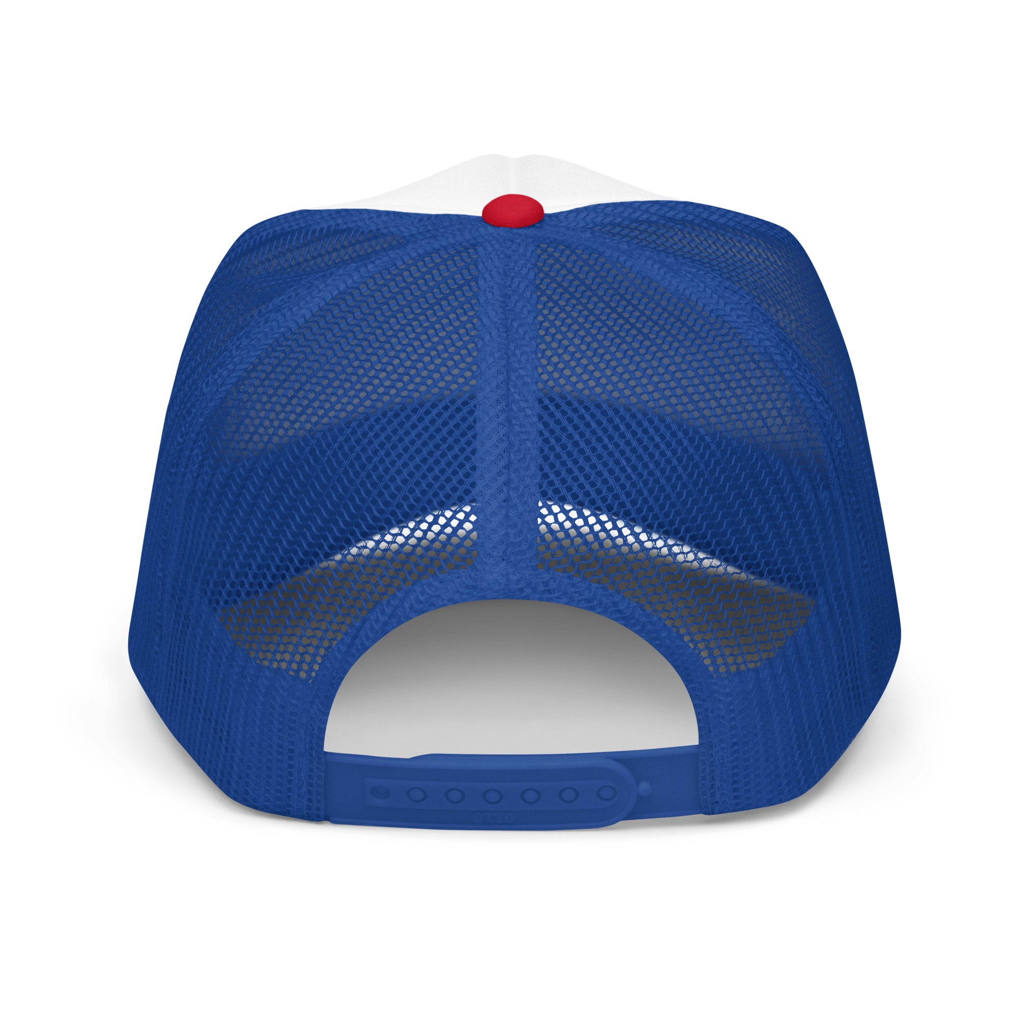 Back view of patriotic Casting Queens trucker fishing hat featuring breathable mesh design and adjustable snapback closure for outdoor fishing adventures and lake life style.
