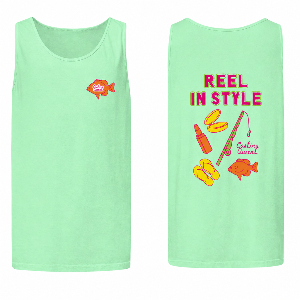 Casting Queens Reel In Style mint green women’s fishing tank top featuring a small orange fish logo on the front chest and colorful retro fishing graphics on the back with relaxed lake life style.