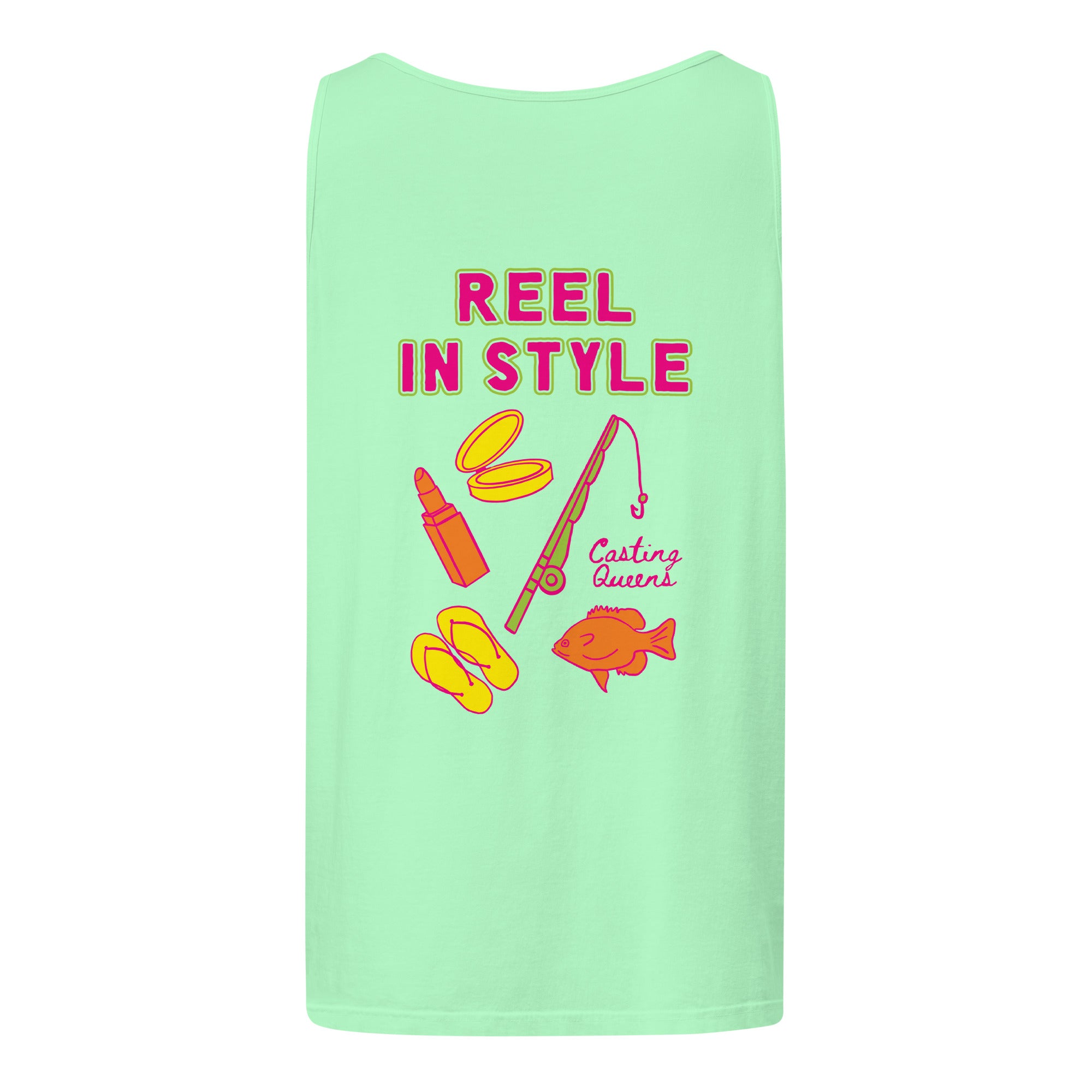 Mint green Casting Queens women’s fishing tank top featuring a large colorful “Reel In Style” graphic with fishing gear, flip flops, makeup compact, and retro lake life artwork on the back.