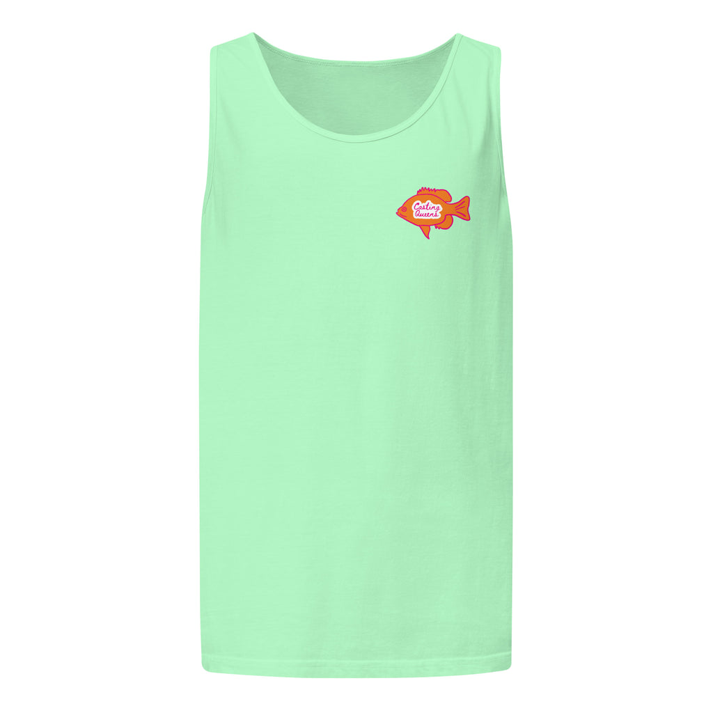 Mint green Casting Queens women’s fishing tank top featuring a small orange fish logo graphic on the front chest with relaxed lake life style.