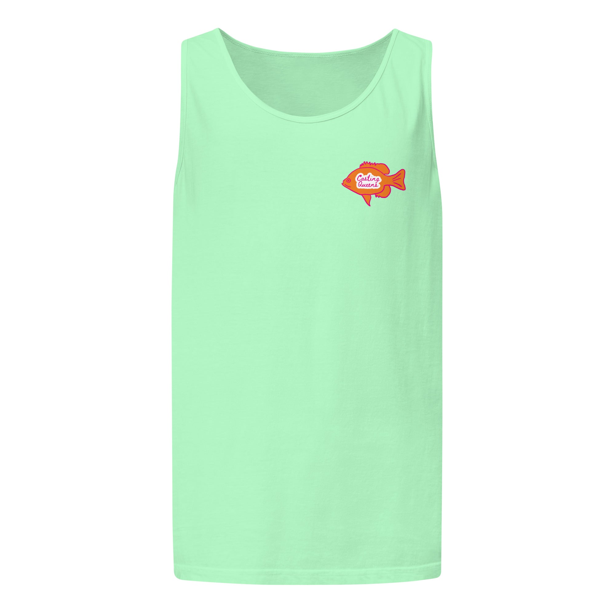 Mint green Casting Queens women’s fishing tank top featuring a small orange fish logo graphic on the front chest with relaxed lake life style.