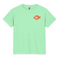 Mint green youth t-shirt with a small orange Casting Queens fish logo graphic on the front chest.