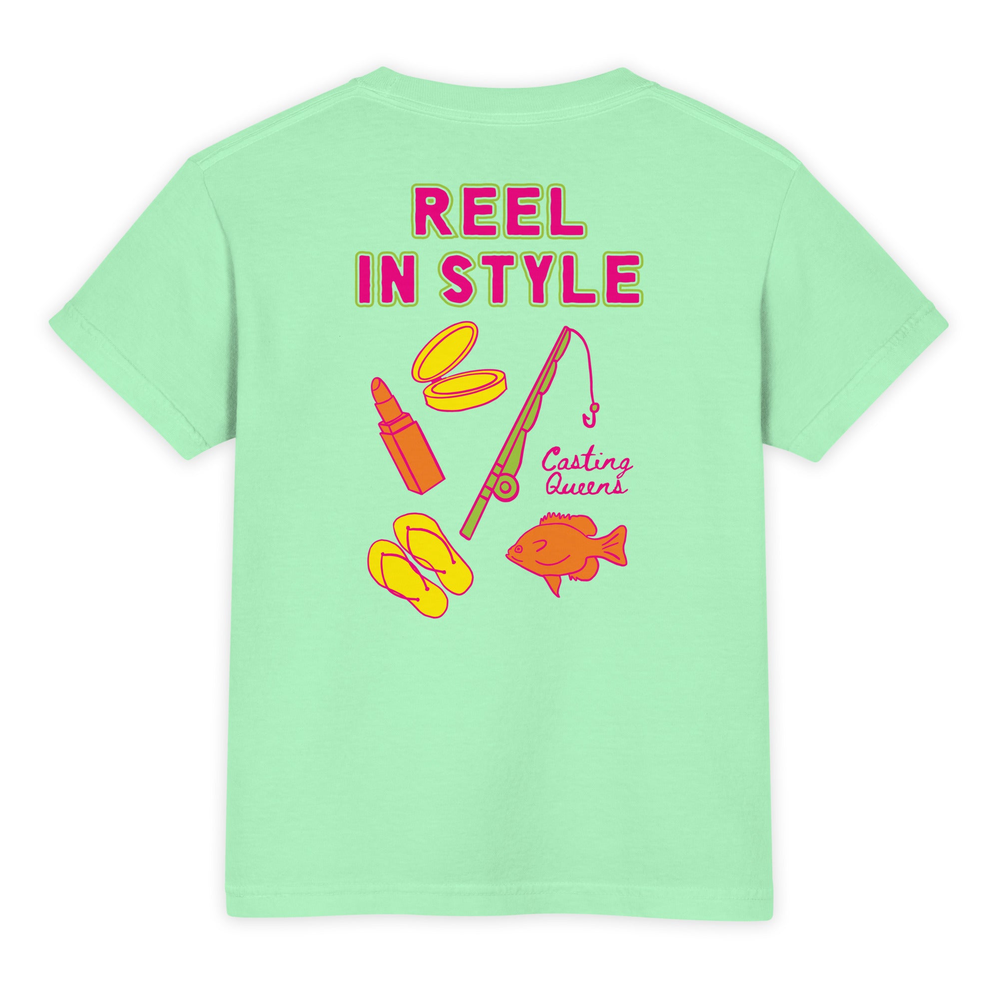 Mint green youth fishing t-shirt featuring bold colorful Reel In Style graphics with fishing gear, flip flops, makeup compact, and retro lake life artwork on the back.