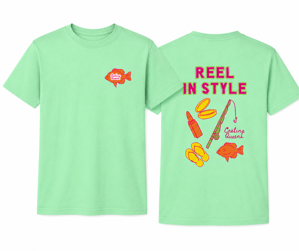 Mint green youth fishing t-shirt featuring a small Casting Queens fish logo on the front chest and colorful Reel In Style graphics on the back.