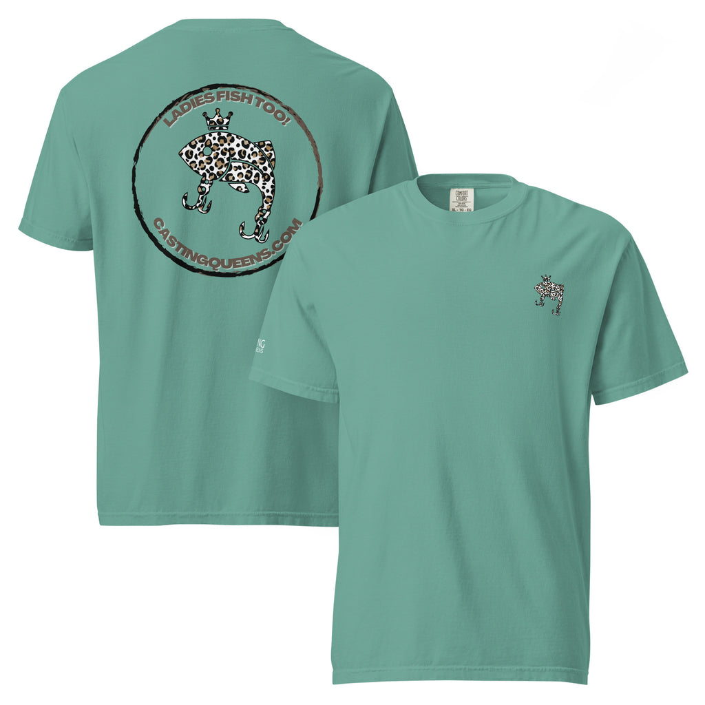 Green Casting Queens women’s fishing t-shirt featuring small leopard fish logo design, comfortable outdoor fishing apparel for women anglers and lake life adventures.