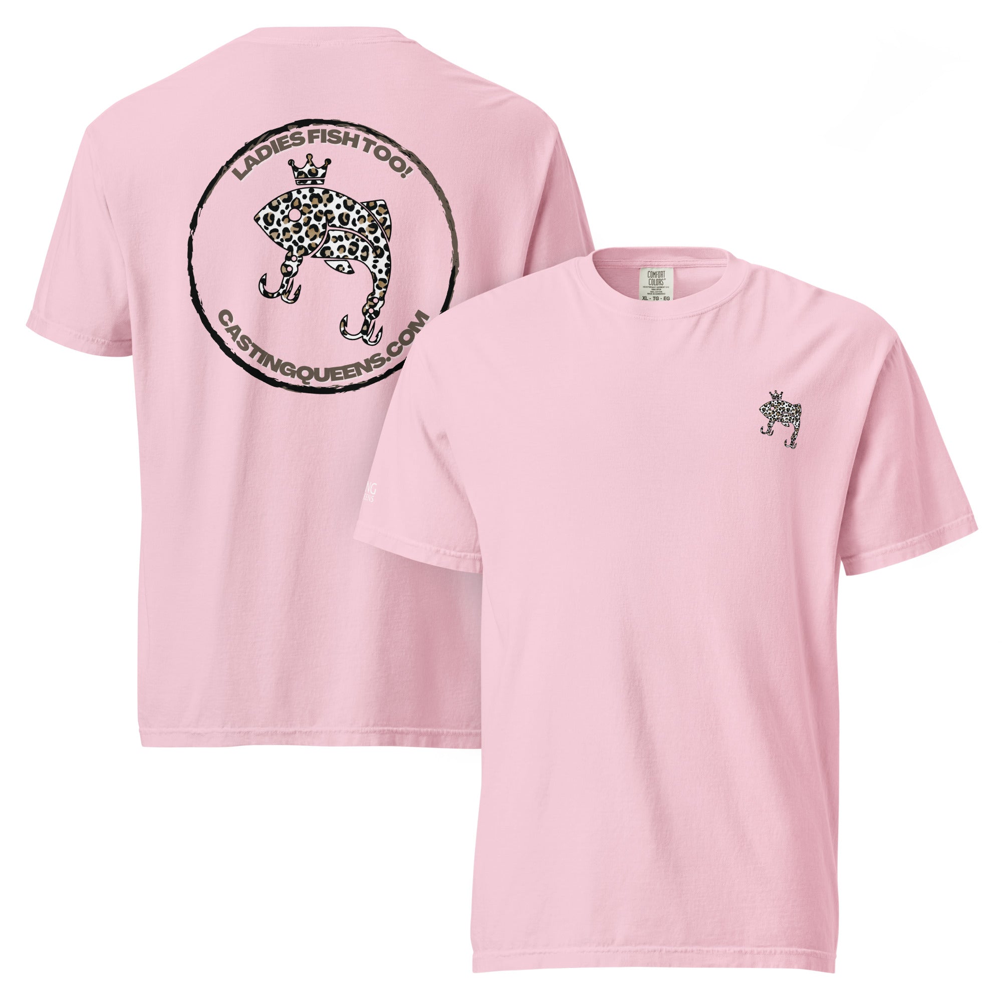 Light pink Casting Queens women’s fishing t-shirt featuring small leopard fish logo design, stylish outdoor fishing apparel for women anglers and everyday casual wear.