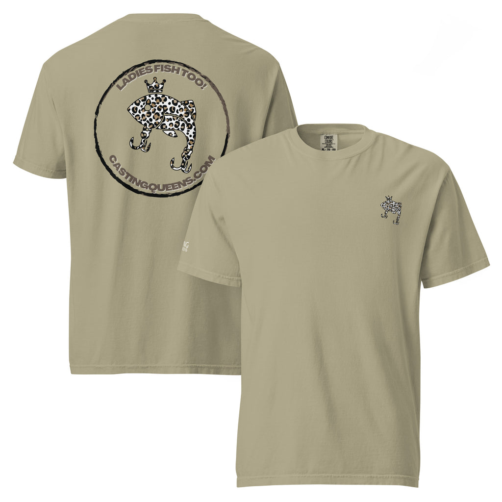 Olive Casting Queens women’s fishing t-shirt featuring small leopard fish logo design, stylish outdoor fishing apparel for women anglers and everyday lake life wear.