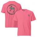 Pink Casting Queens women’s fishing t-shirt featuring small leopard fish logo design, stylish outdoor fishing apparel for women anglers and everyday casual wear.
