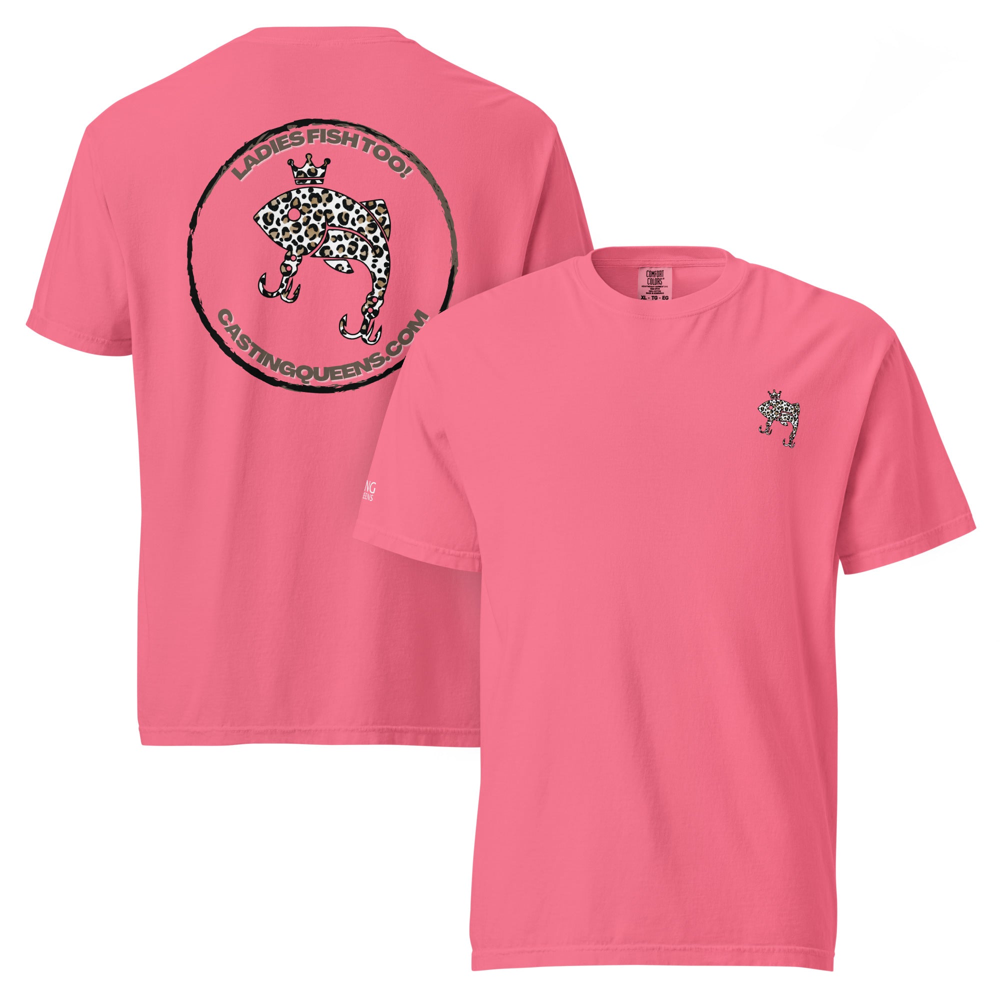 Pink Casting Queens women’s fishing t-shirt featuring small leopard fish logo design, stylish outdoor fishing apparel for women anglers and everyday casual wear.