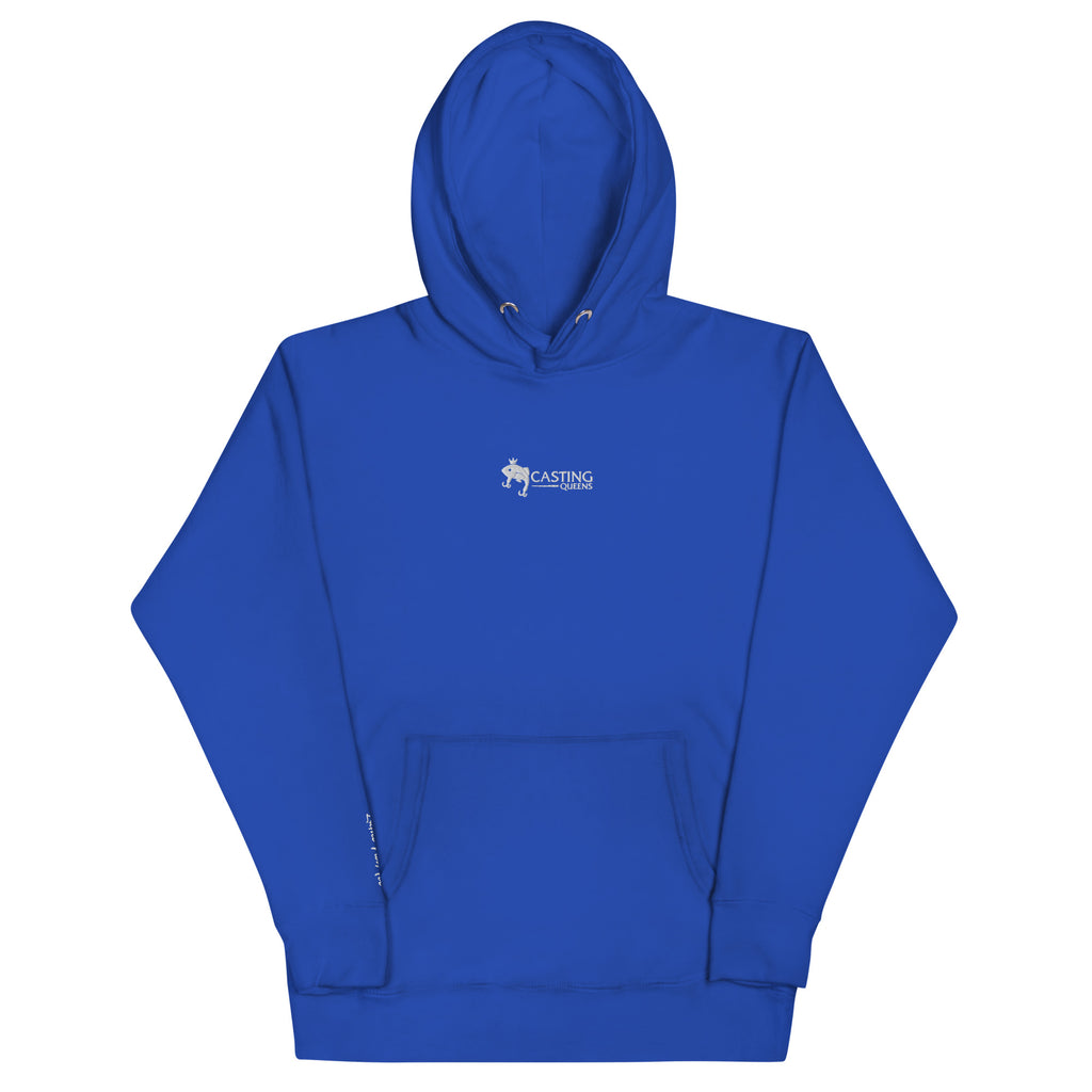 Blue embroidered Casting Queens women’s fishing hoodie featuring minimalist fish logo design, comfortable outdoor fishing apparel for women anglers and everyday lake life wear.
