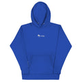 Blue embroidered Casting Queens women’s fishing hoodie featuring minimalist fish logo design, comfortable outdoor fishing apparel for women anglers and everyday lake life wear.