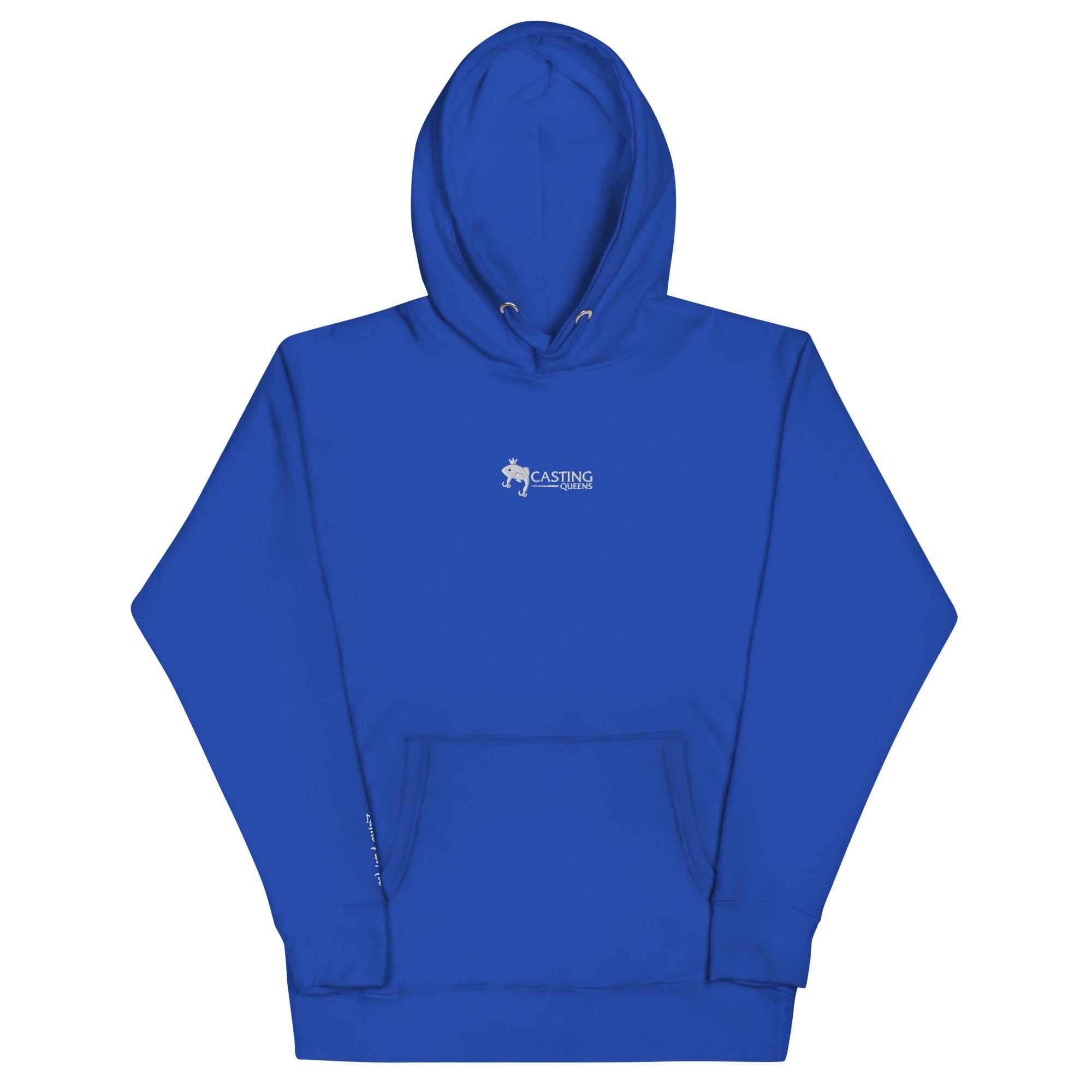 Blue embroidered Casting Queens women’s fishing hoodie featuring minimalist fish logo design, comfortable outdoor fishing apparel for women anglers and everyday lake life wear.