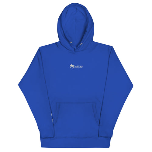 Blue embroidered Casting Queens women’s fishing hoodie featuring minimalist fish logo design, comfortable outdoor fishing apparel for women anglers and everyday lake life wear.