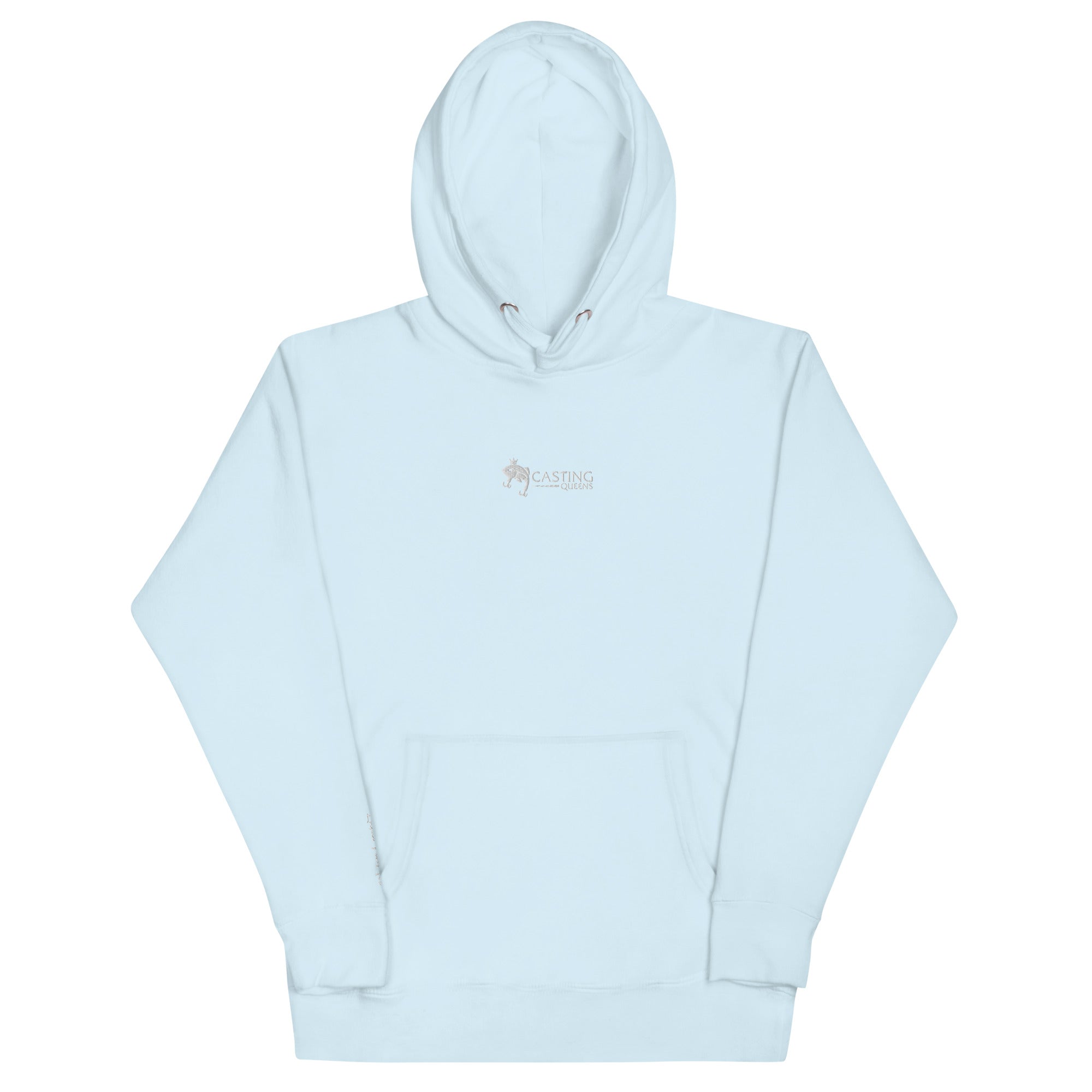 Light blue embroidered Casting Queens women’s fishing hoodie featuring minimalist fish logo design, comfortable outdoor fishing apparel for women anglers and everyday lake life wear.