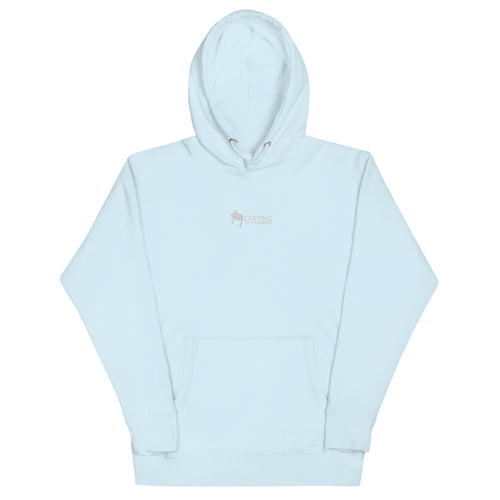 Light blue embroidered Casting Queens women’s fishing hoodie featuring minimalist fish logo design, comfortable outdoor fishing apparel for women anglers and everyday lake life wear.