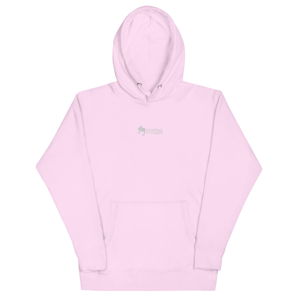 Pink embroidered Casting Queens women’s fishing hoodie featuring minimalist fish logo design, cozy outdoor fishing apparel for women anglers and everyday casual style.