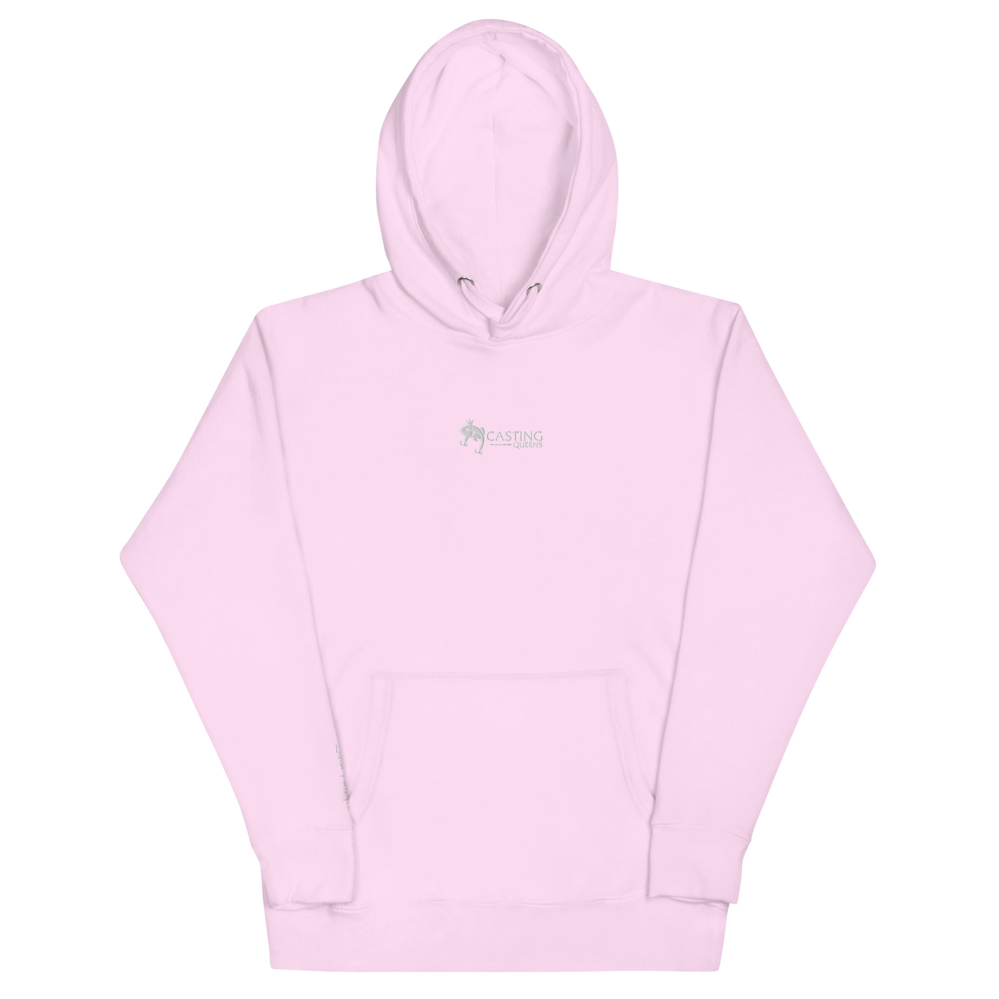 Pink embroidered Casting Queens women’s fishing hoodie featuring minimalist fish logo design, cozy outdoor fishing apparel for women anglers and everyday casual style.
