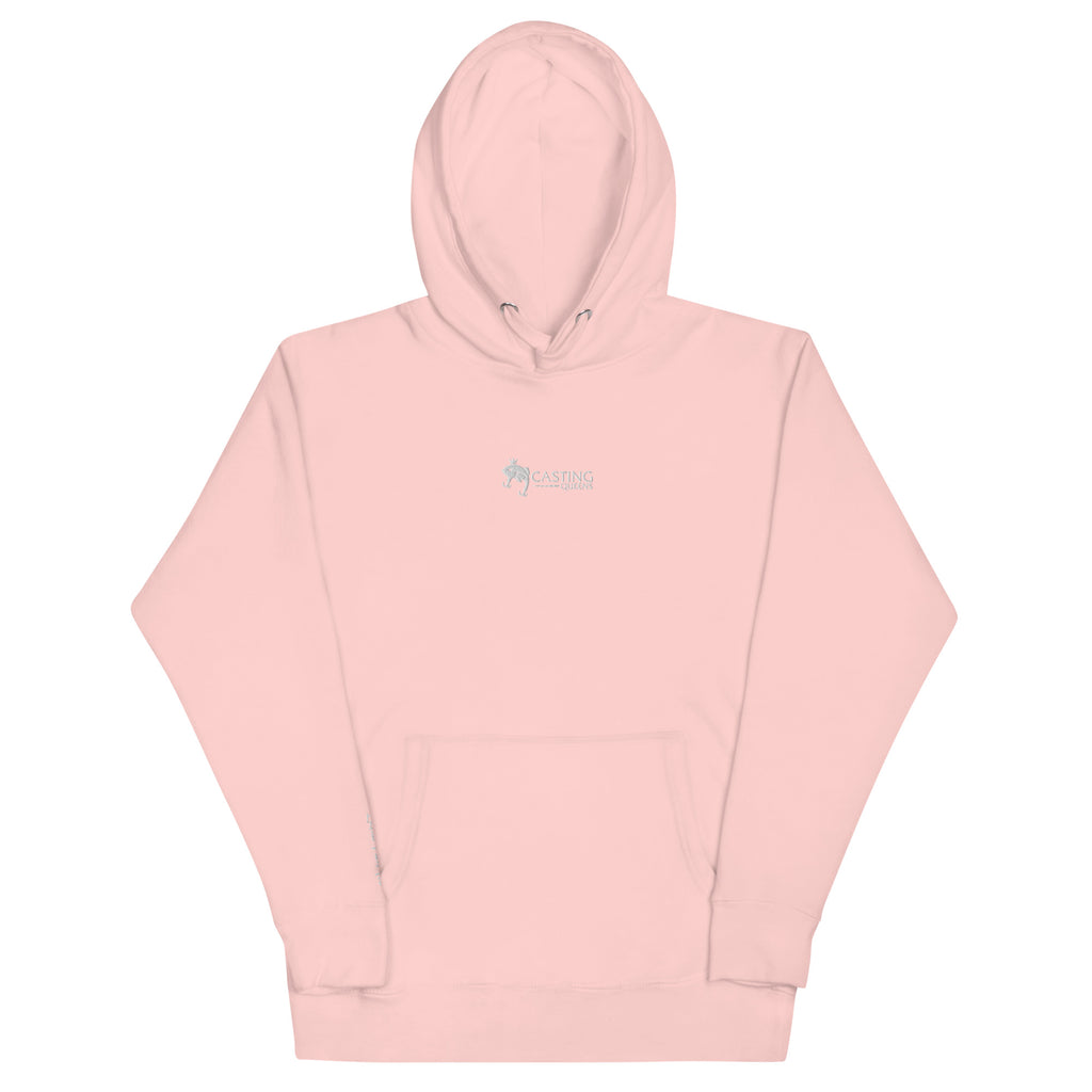 Peach embroidered Casting Queens women’s fishing hoodie featuring minimalist fish logo design, cozy outdoor fishing apparel for women anglers and everyday casual wear.