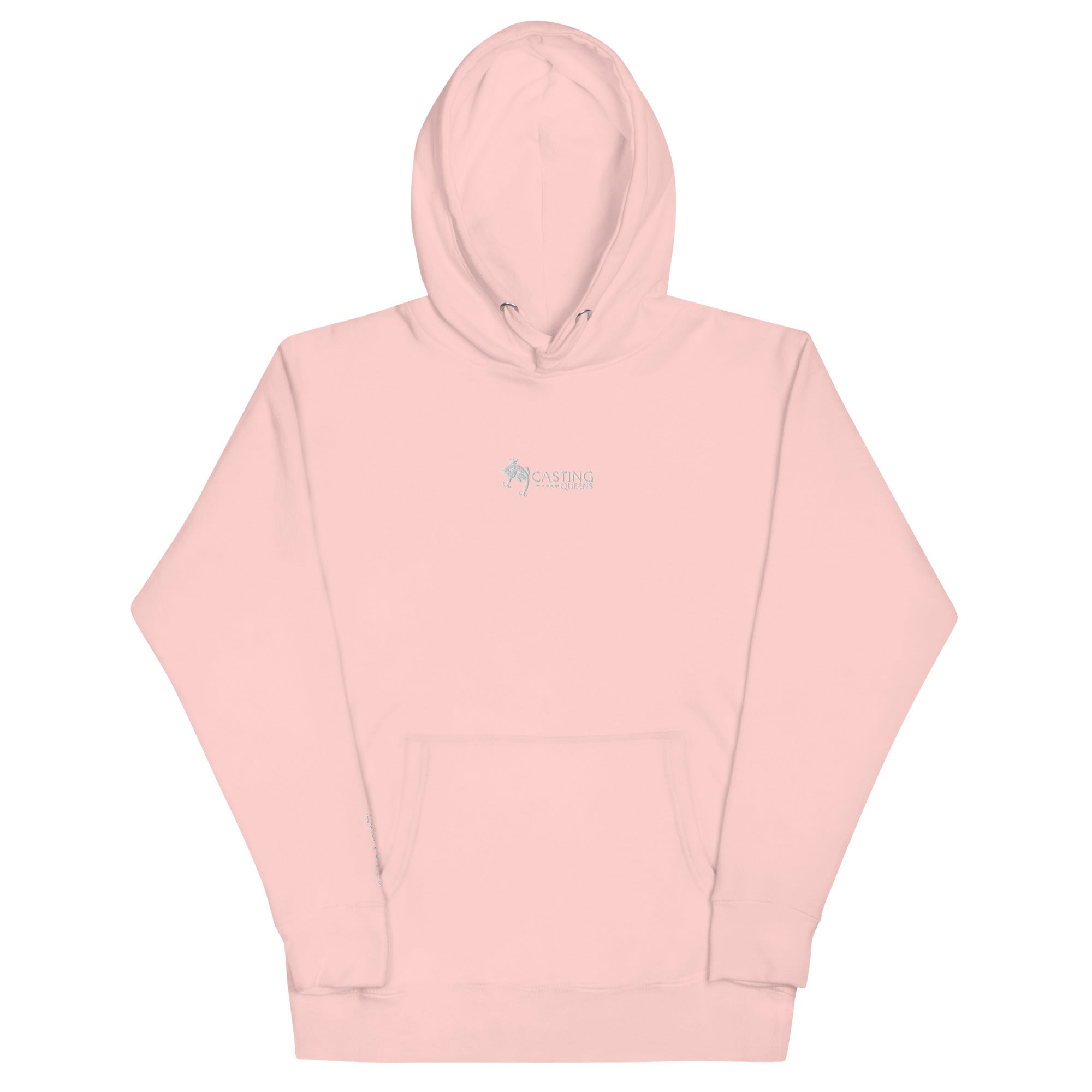 Peach embroidered Casting Queens women’s fishing hoodie featuring minimalist fish logo design, cozy outdoor fishing apparel for women anglers and everyday casual wear.