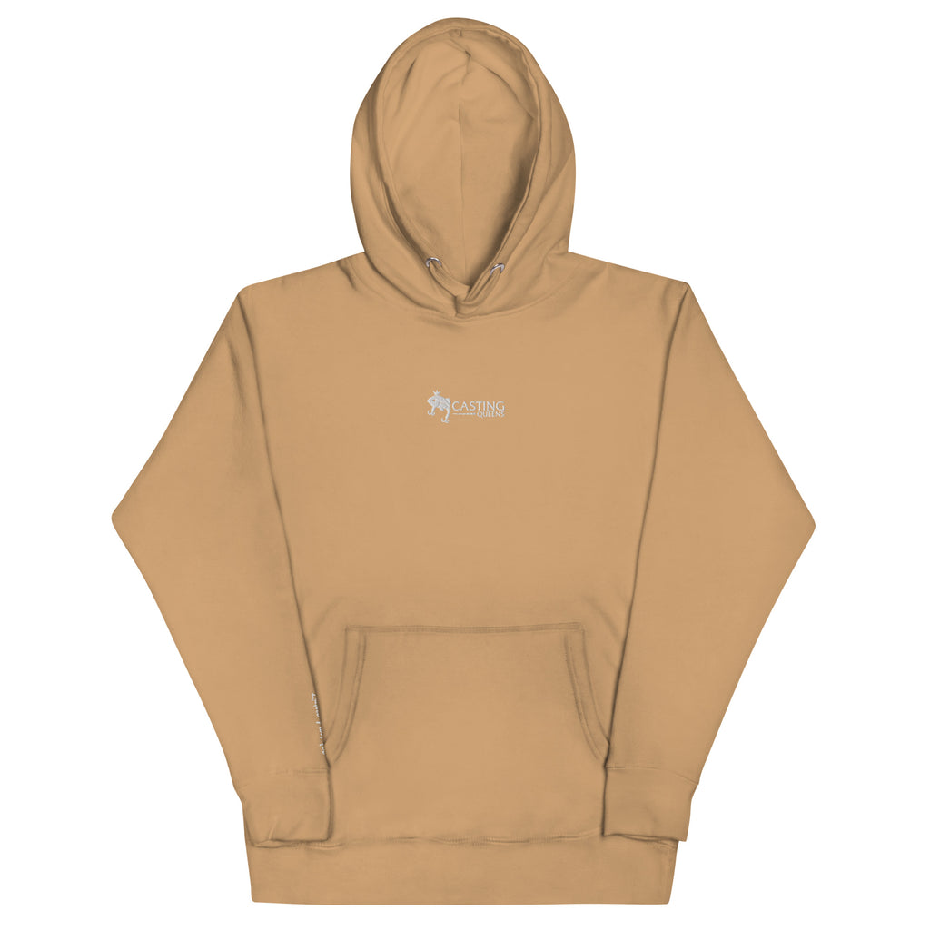 Tan embroidered Casting Queens women’s fishing hoodie featuring minimalist fish logo design, stylish outdoor fishing apparel for women anglers and everyday lake life adventures.