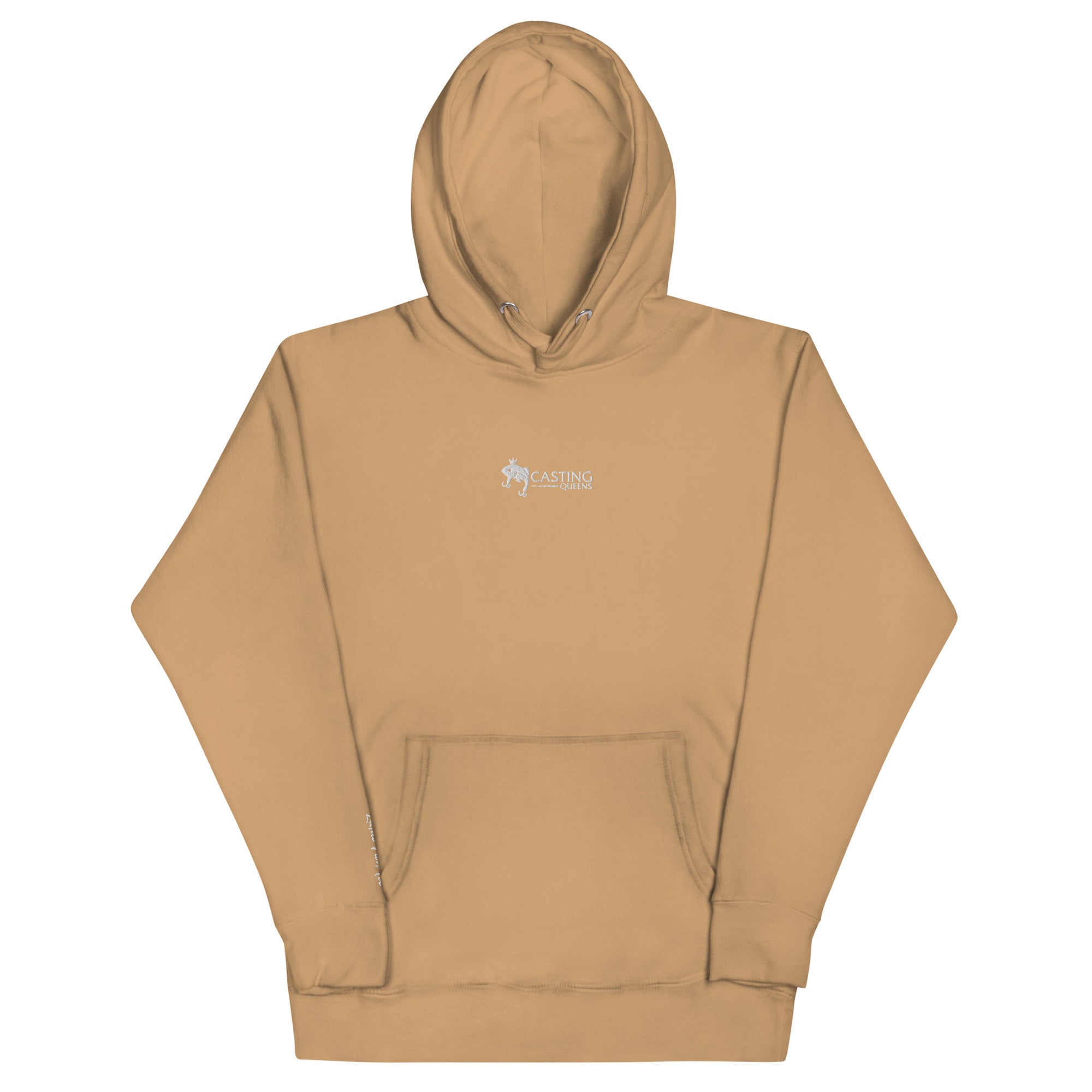 Tan embroidered Casting Queens women’s fishing hoodie featuring minimalist fish logo design, stylish outdoor fishing apparel for women anglers and everyday lake life adventures.