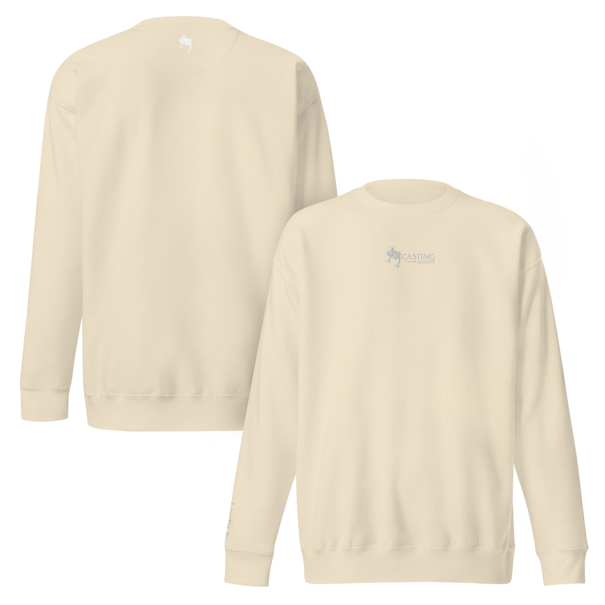 Ivory embroidered Casting Queens women’s fishing crewneck sweatshirt featuring minimalist fish logo design, cozy outdoor fishing apparel for women anglers and everyday casual style.