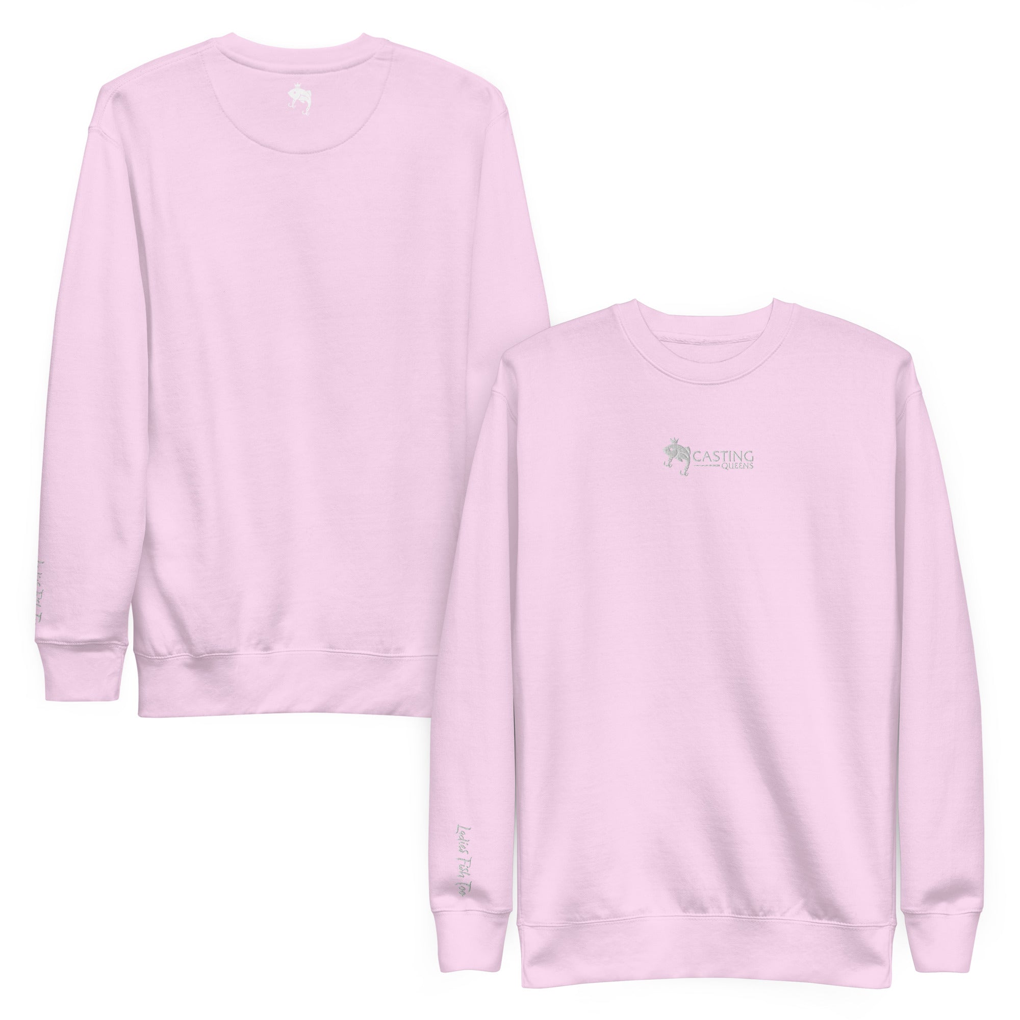 Lavender embroidered Casting Queens women’s fishing crewneck sweatshirt featuring minimalist fish logo design, cozy outdoor fishing apparel for women anglers and everyday lake life wear.